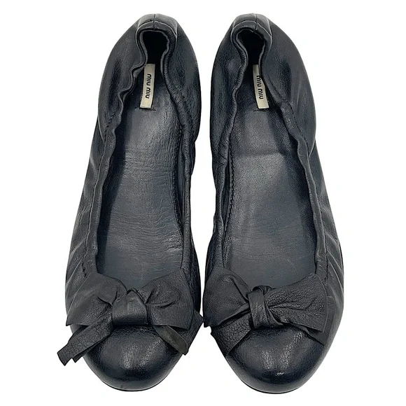 Miu Miu Black Leather Ballet Flats With Leather Bow Detail Size